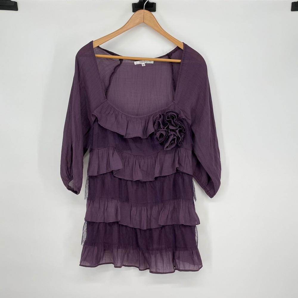 Purple Tunic Top Ruffle Trimmed Floral Detail 3/4 Sleeve Size M Whimsigoth Fairy